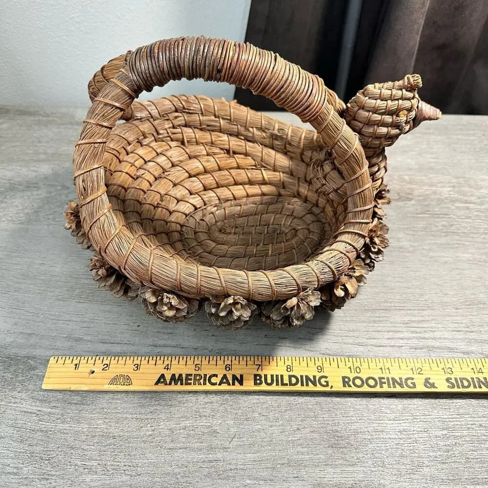 Vintage Native American Pine Needle Basket Bird with Pinecones